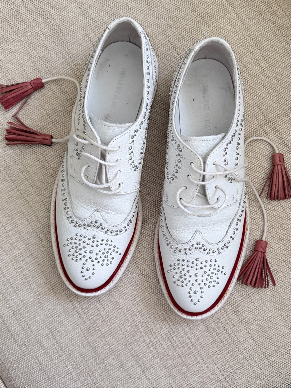 Melvin & Hamilton Sandy 1 Whte Studded Leather Brogues Oxford Tassels 39 US8-8.5